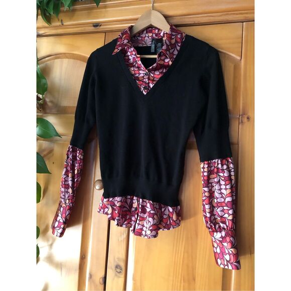Bisou Bisou Michele Bohbot Sweater Size M Faux Collared Shirt Black V-Neck - Picture 2 of 11